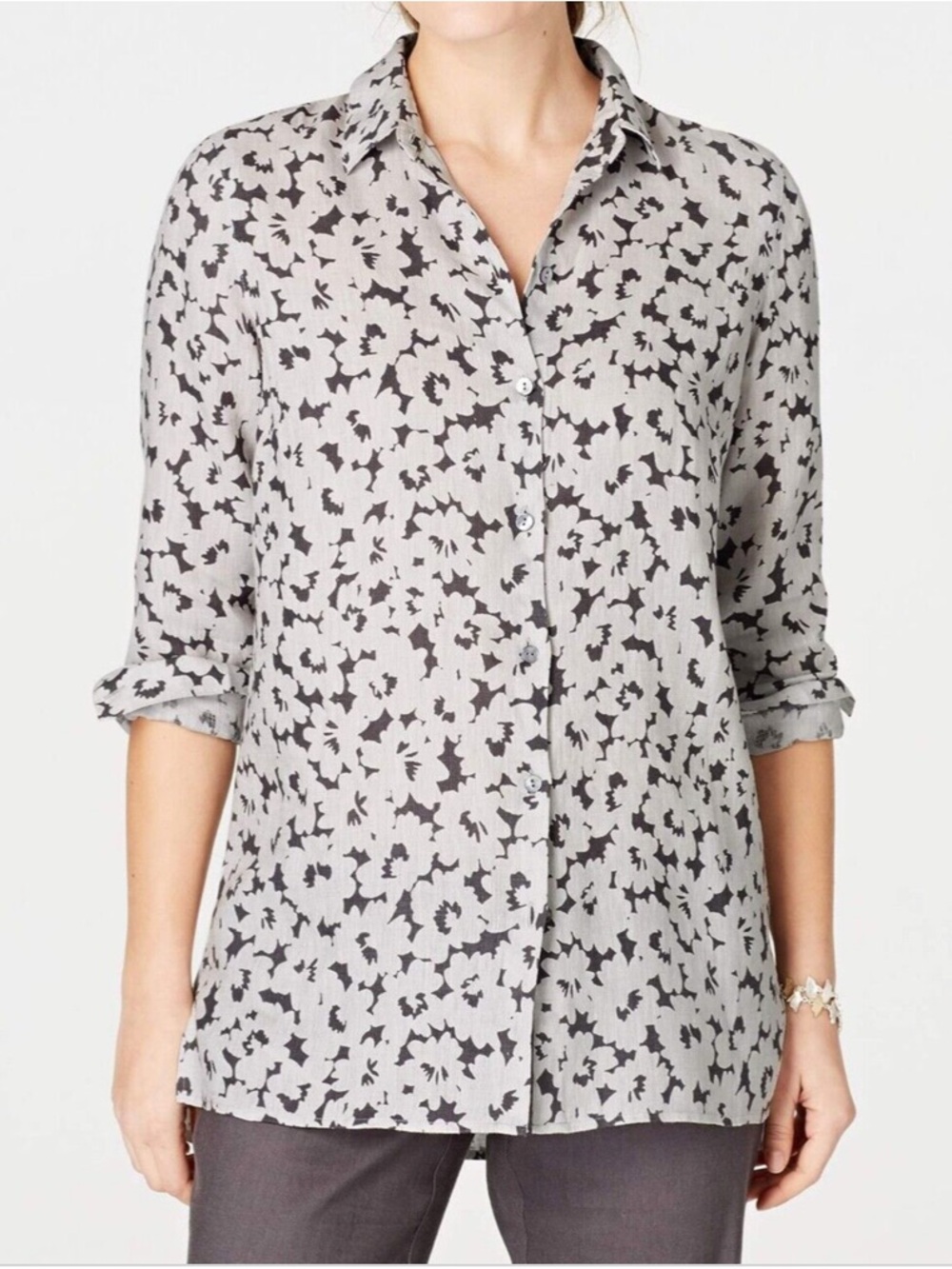 J. Jill Love Linen Essential Shirt Granite Daisy Shadow Sz Large Petite